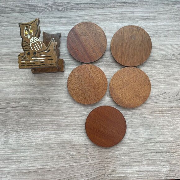 Vintage Owl Coaster Holder And Coaster Set Of 5 MCM - Picture 4 of 11